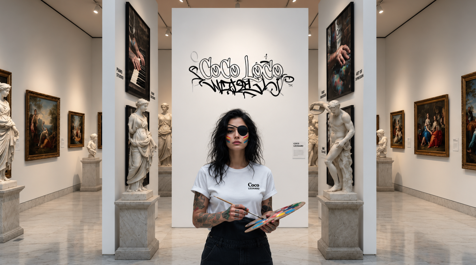 Model with palette wearing a Coco Leonard tee in a white gallery of classical statues