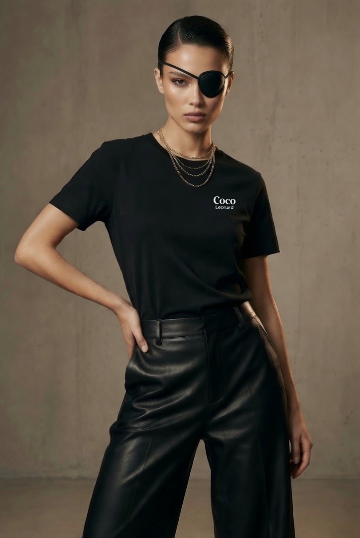 Model in a black Coco Leonard tee and leather trousers against a concrete wall